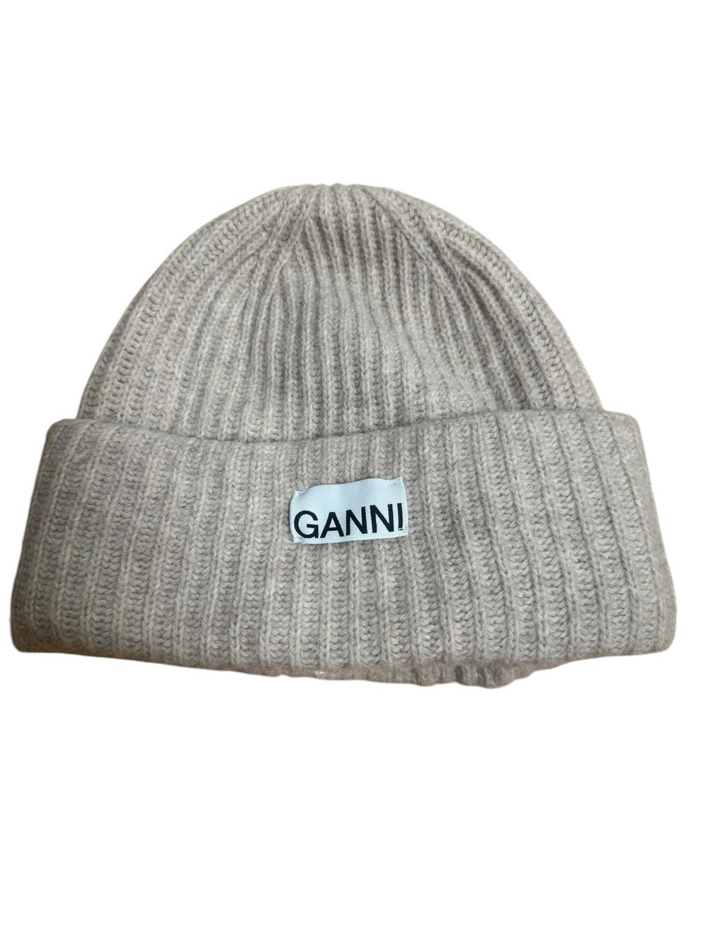 Ganni Logo Patch Rib Knit Beanie Brazilian Sand OS